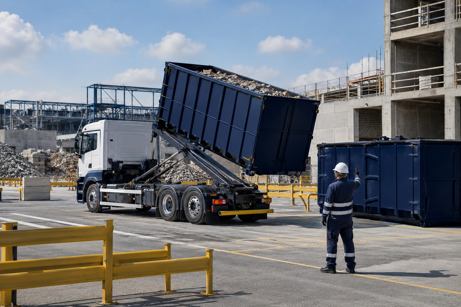 Hook-lift truck collecting a large construction waste container