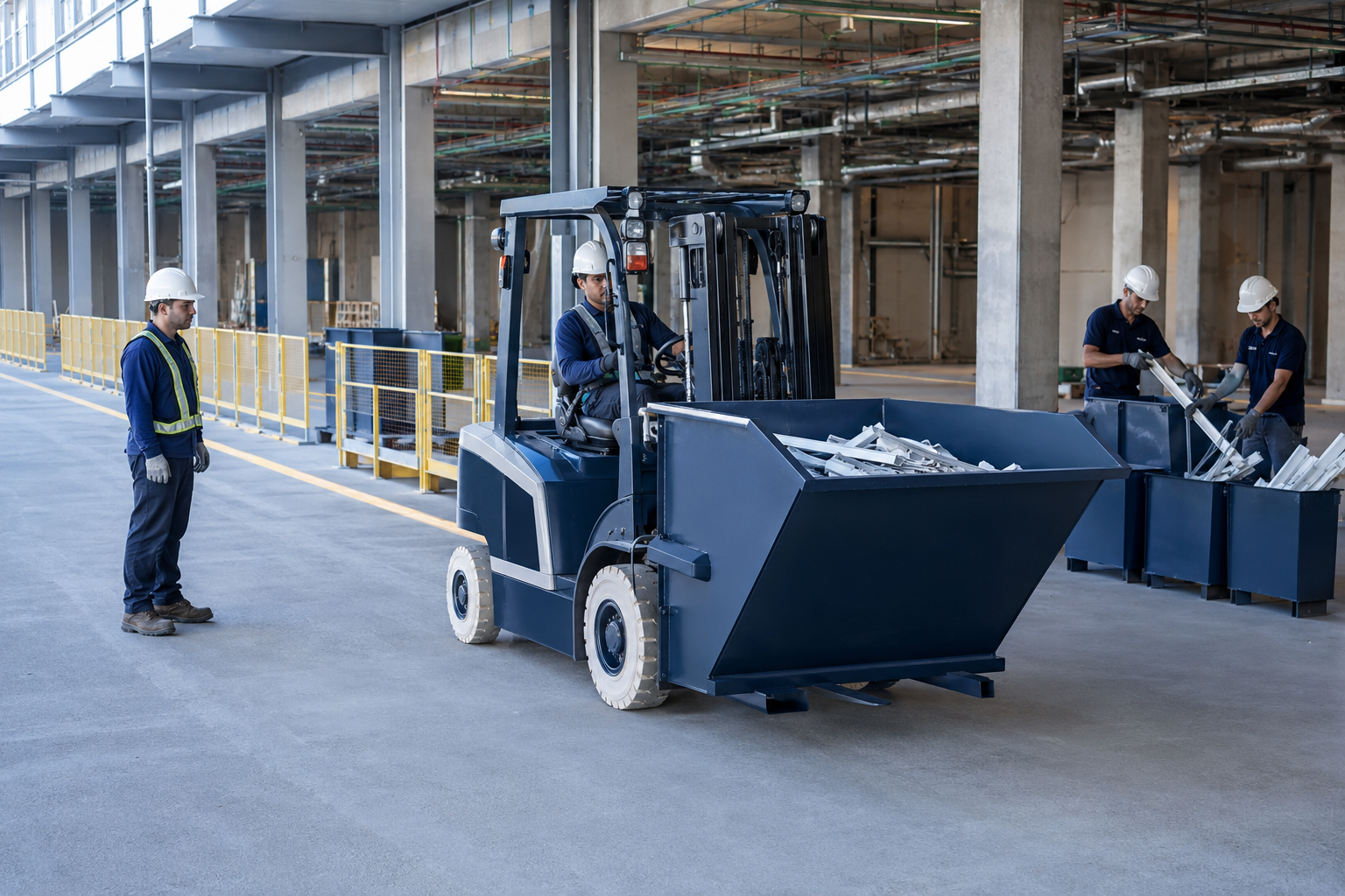 Forklift transporting a construction waste tipping bin