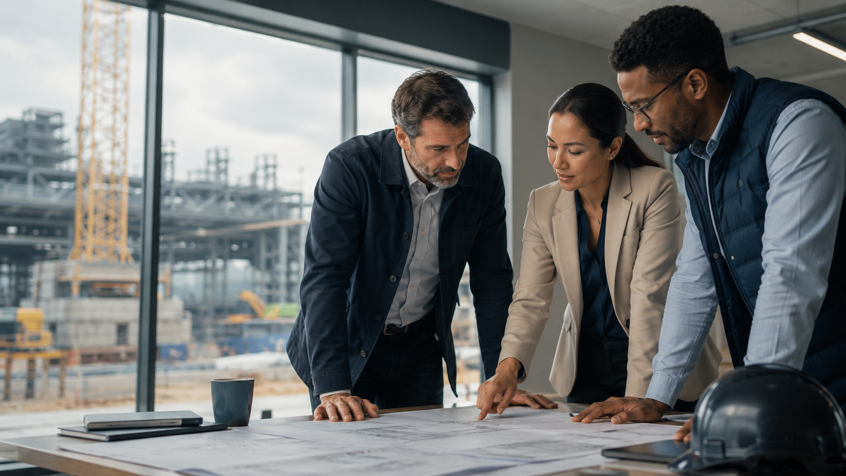 exec-21eb0ec8-eb57-4de2-96e6-57a87d760fe3 Bravo Projects Force project consultation team in an industrial site office