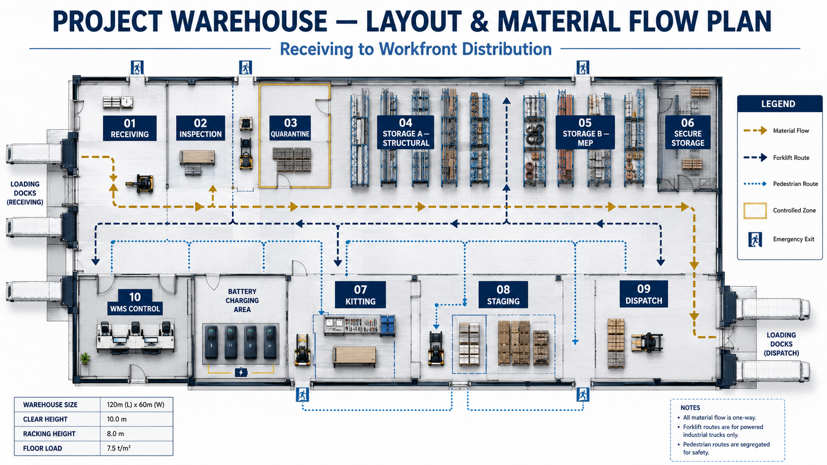 Professional warehouse layout and material flow floor plan