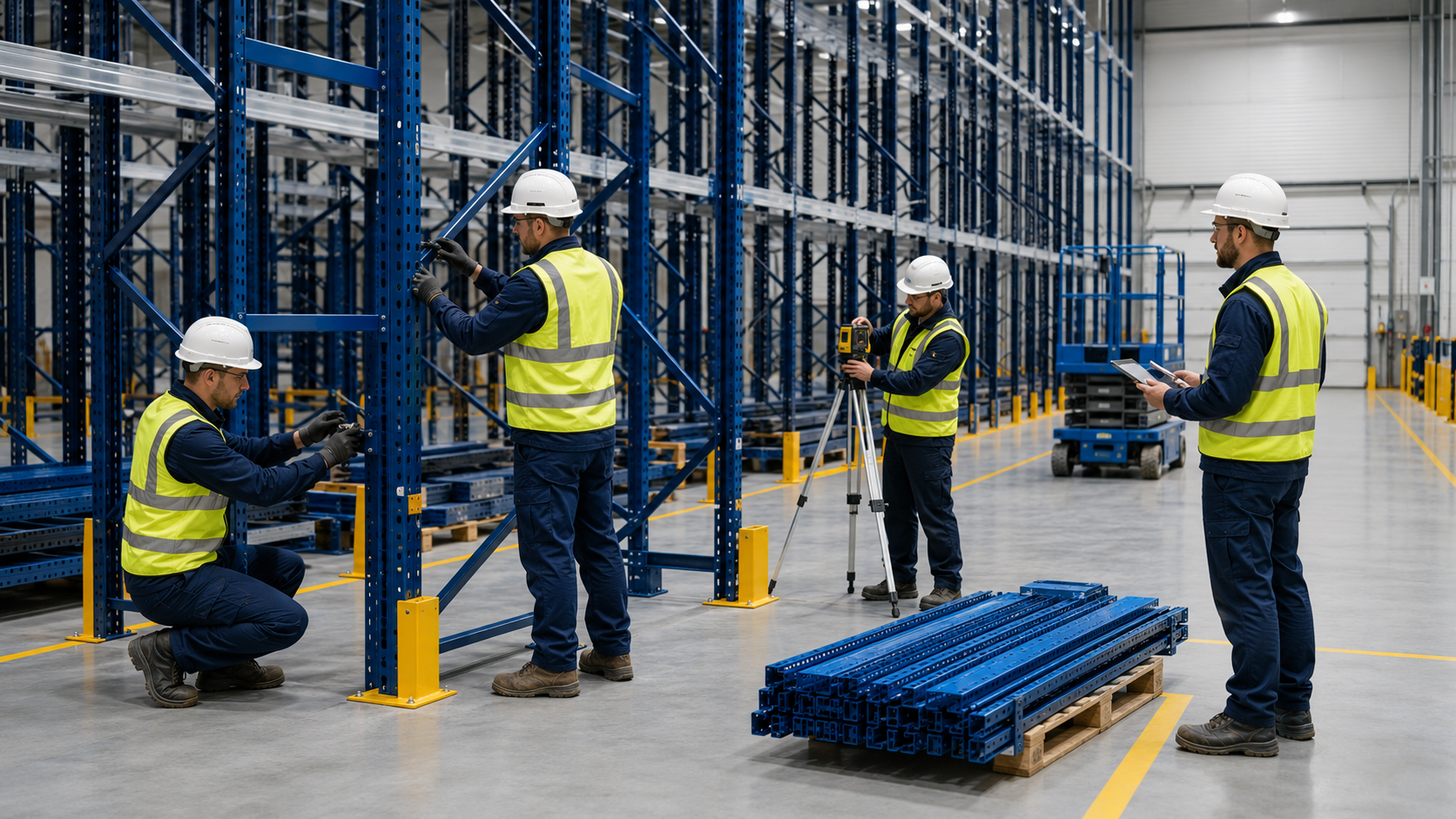 Qualified team installing warehouse racking